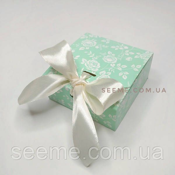 Коробка подарункова, 80х80х35 мм, колір м'ятний з малюнком BOX55304 фото
